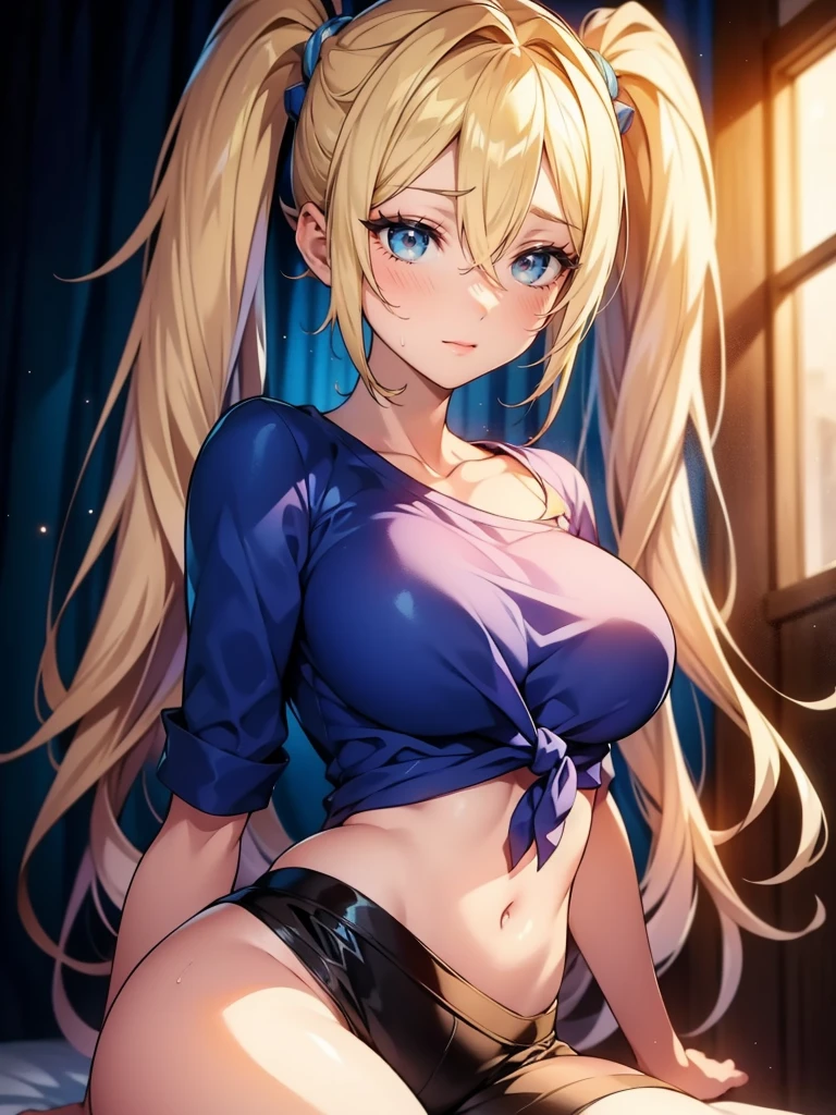 1girl, solo, portrait of a woman with blonde hair, long flowing pigtails, wearing a blue shirt, wearing a t-shirt, shirt tied in a shirt knot, exposed navel, anime illustration, anime girls, vivid colors, detailed facial features, dramatic lighting, digital painting, trending on ArtStation