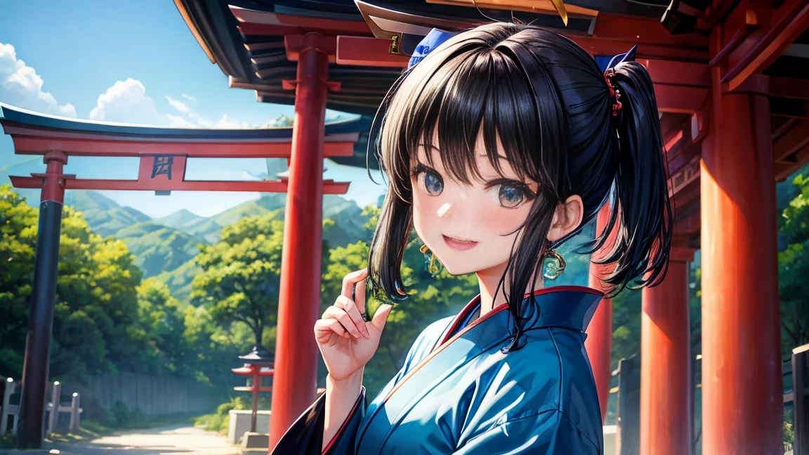 -yeld giShort black hair down to the shoulders、Blue kimono、A cheerful smile、Daytime forest、Large Torii Gate