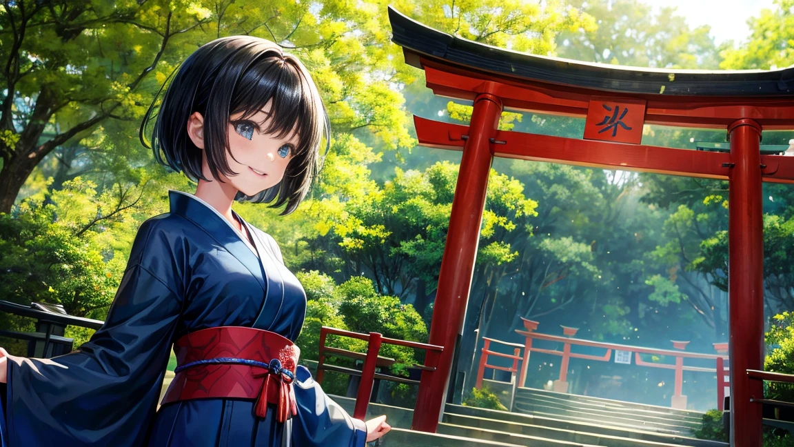 、Short black hair down to the shoulders、Blue kimono、A cheerful smile、Daytime forest、Large Torii Gate