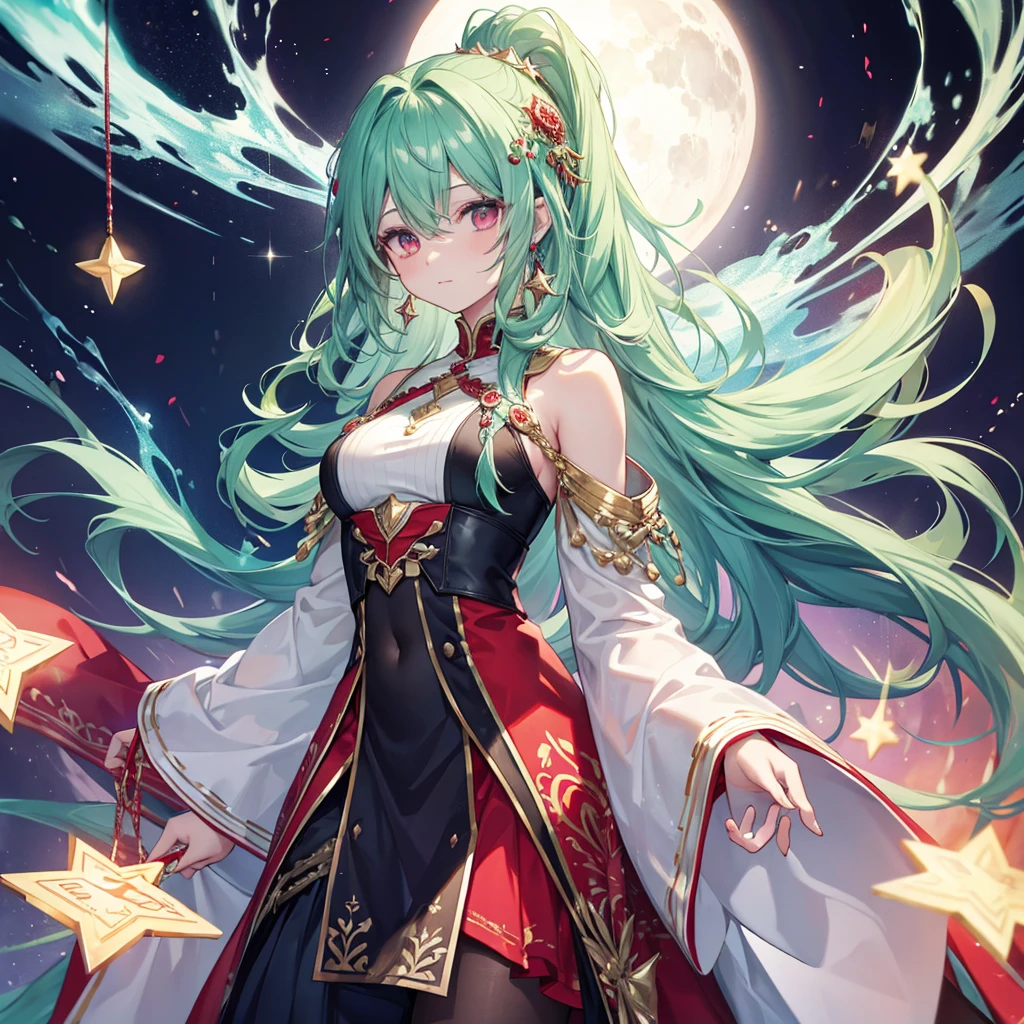 high resolution, longye hair, Eyes red, aretes, sheen, stele, pretty, hair green, star accessories.