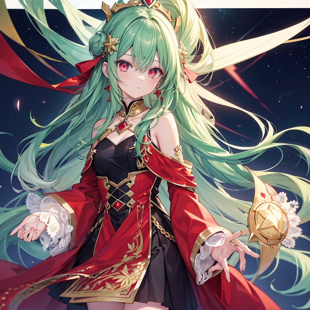 high resolution, longye hair, Eyes red, aretes, sheen, stele, pretty, hair green, star accessories.