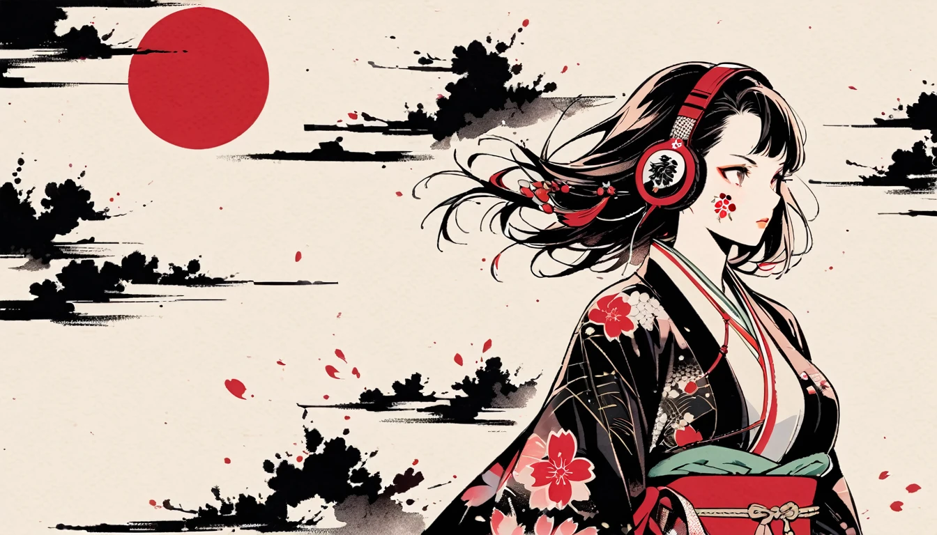 (((Ink Painting))), ((Japanese style headphones)), (((Japanese pattern tattoo on face))), Japan人の女, Fluttering Hair, Japan, Japanese flag