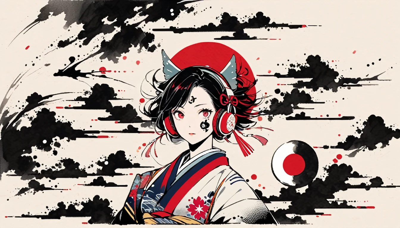 (((Ink Painting))), ((Japanese style headphones)), (((Japanese pattern tattoo on face))), Japan人の女, Fluttering Hair, Japan, Japanese flag
