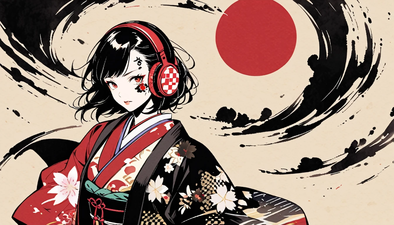 (((Ink Painting))), ((Japanese style headphones)), (((Japanese pattern tattoo on face))), Japan人の女, Fluttering Hair, Japan, Japanese flag