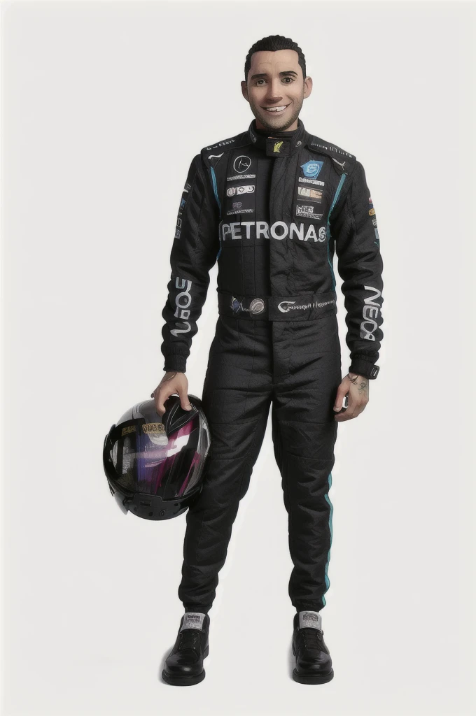 racing driver smiling, black jumpsuit, holding helmet