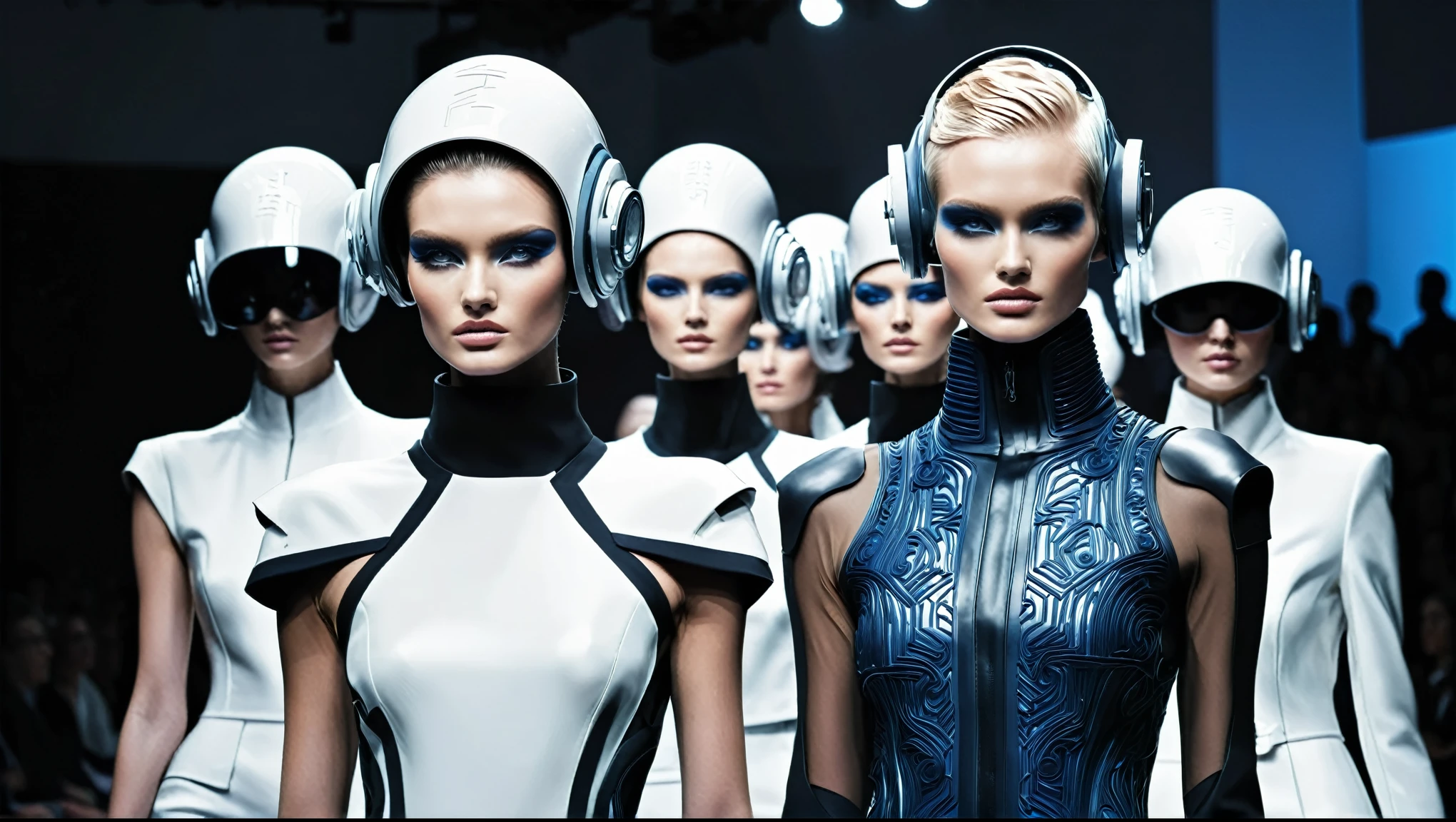 In a futuristic, dystopian world, a high-end fashion show takes place where each model is sponsored by a different corporation and their features are meticulously crafted and manipulated to represent the brand's image. With intricate details and bold statements, these hyper-realistic, corporate-controlled individuals showcase elegant attire that embodies the power and influence of the companies that have engineered them.