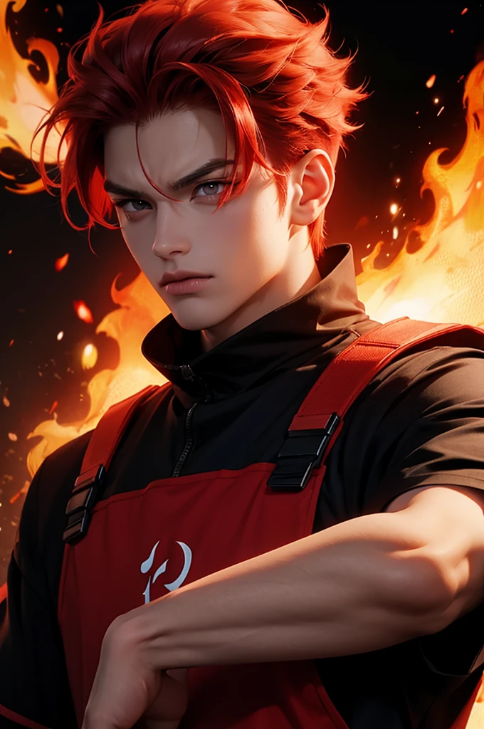 boy anime, selfie, head-set, red eyes, red hair, angry, fire background