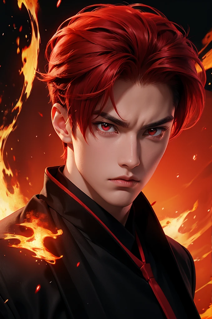 boy anime, selfie, head-set, red eyes, red hair, angry, fire background
