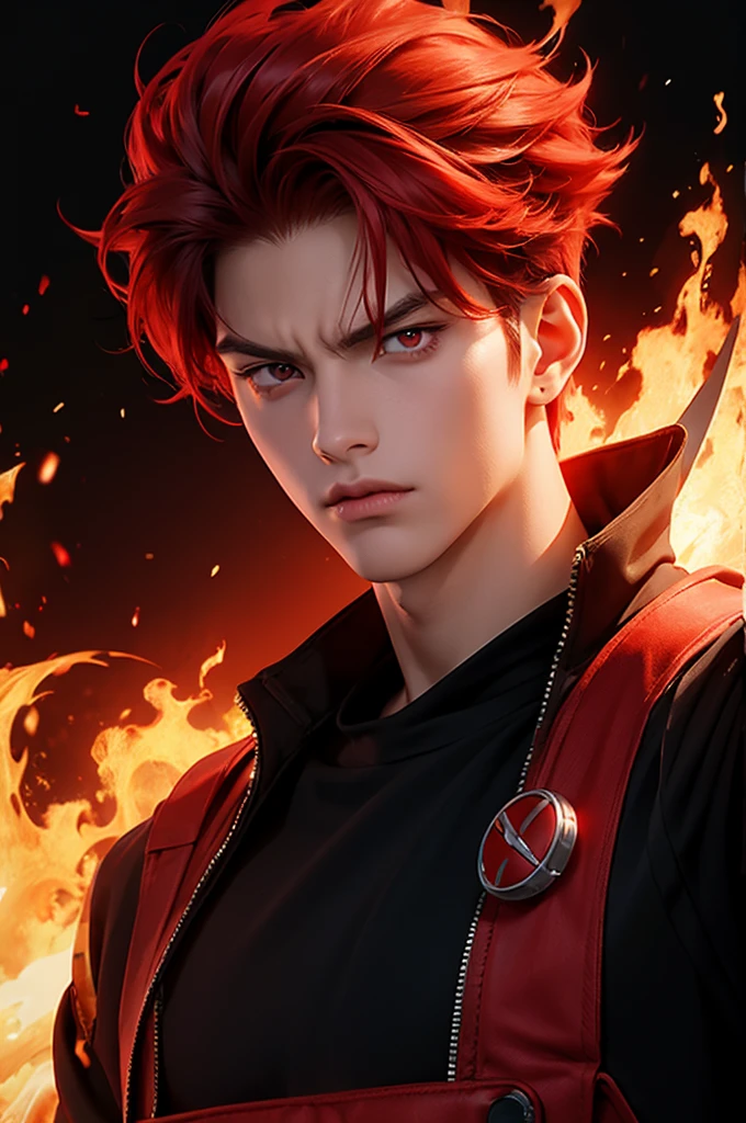 boy anime, selfie, head-set, red eyes, red hair, angry, fire background
