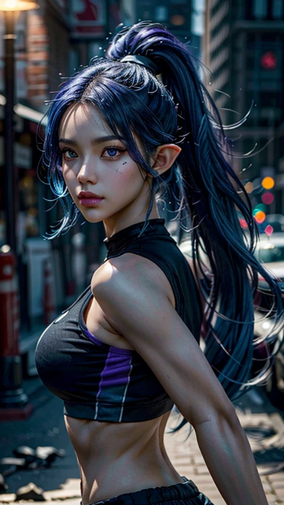 A beautiful blue-skinned elf with striking purple eyes, her right eye covered with a black patch, her hair is blue-grey, tide up in a high ponytail, wearing a black crop top that reveals her midriff, striking an action pose, (best quality,4k,8k,highres,masterpiece:1.2),ultra-detailed,(realistic,photorealistic,photo-realistic:1.37),detailed face and features, dynamic pose, high quality digital art, fantasy character, dramatic lighting, vibrant colors.