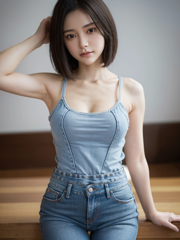 Realistic, Realistic details, detailed, One girl, thin, beautiful, Dynamic pose, detailed skin complexion, Casual clothing, Tight jeans, Yoga Tank Top, T-Shirts, thin太もも, Thigh Gap, Portraiture, Depth of written boundary, Blurred Background, Sharp focus, F1.8/35mm, perspective, Light and shadow contrast, The rule of thirds, Depth and Dimension,