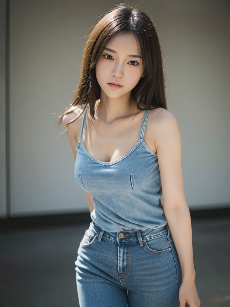 Realistic, Realistic details, detailed, One girl, thin, beautiful, Dynamic pose, detailed skin complexion, Casual clothing, Tight jeans, Yoga Tank Top, T-Shirts, thin太もも, Thigh Gap, Portraiture, Depth of written boundary, Blurred Background, Sharp focus, F1.8/35mm, perspective, Light and shadow contrast, The rule of thirds, Depth and Dimension,