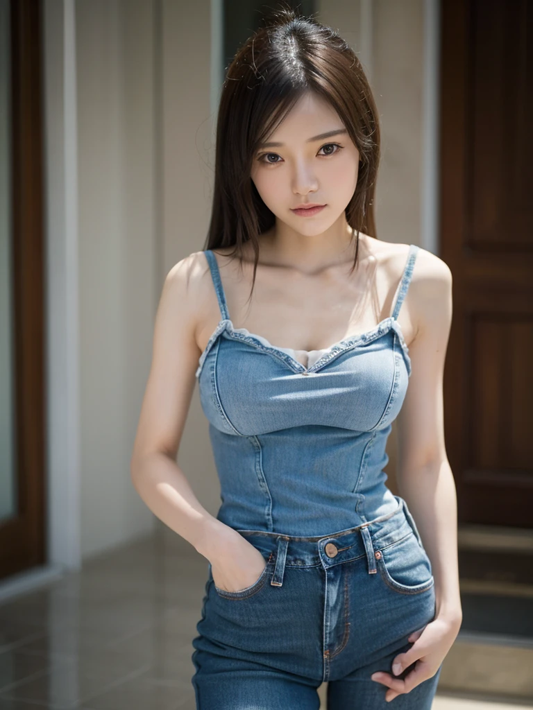 Realistic, Realistic details, detailed, One girl, thin, beautiful, Dynamic pose, detailed skin complexion, Casual clothing, Tight jeans, Yoga Tank Top, T-Shirts, thin太もも, Thigh Gap, Portraiture, Depth of written boundary, Blurred Background, Sharp focus, F1.8/35mm, perspective, Light and shadow contrast, The rule of thirds, Depth and Dimension,