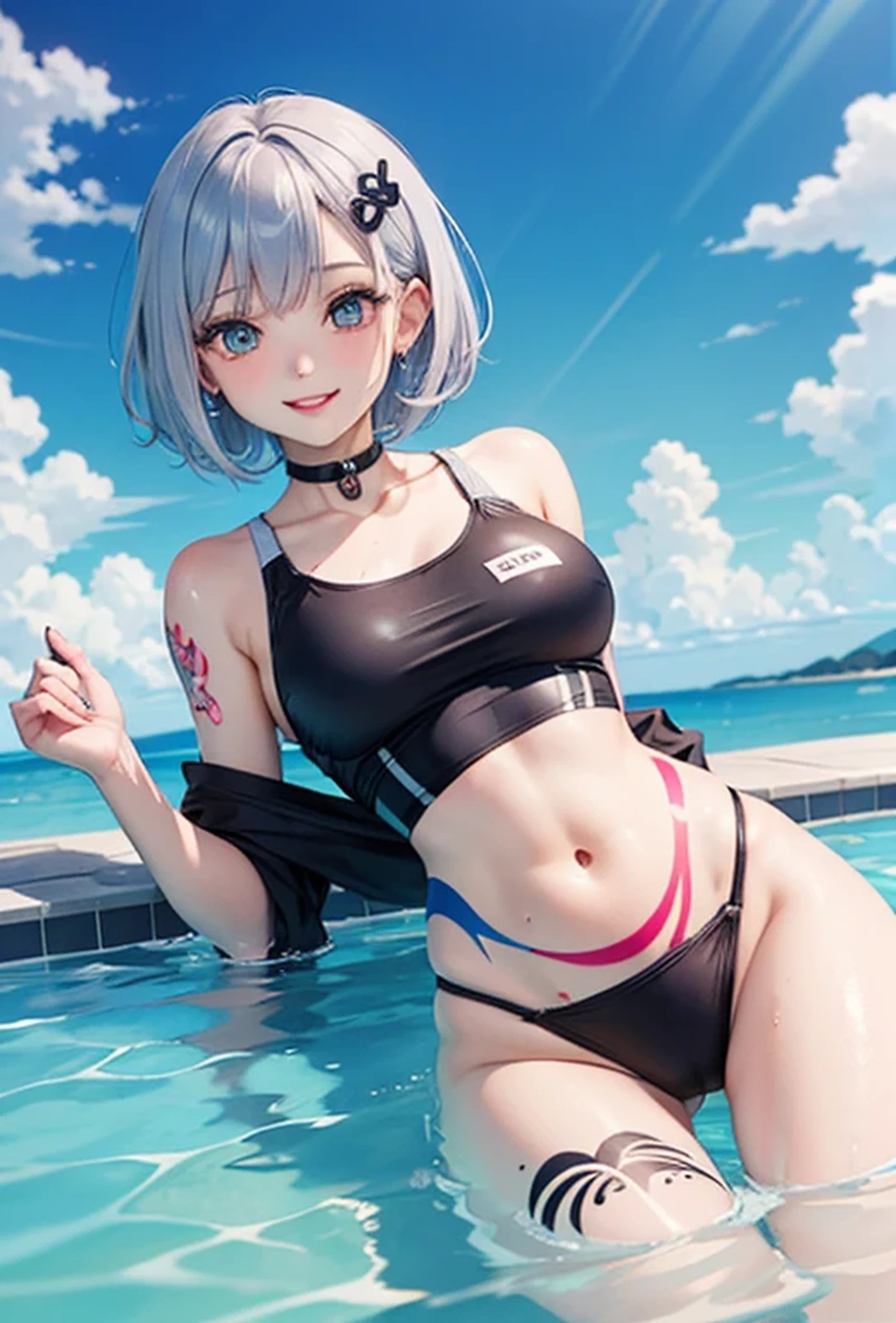 (Super detailed、Ultra-high resolution、8K masterpiece、Vibrant colors)、((Flat Color))、((Floating water))、summer、Poolside、
話かけるBig Breastsの1女、((body paint、Pop tattoo on thigh))、Big Breasts、Spread your legs、Random hentai poses、Angle seen from behind、
(Extremely small competitive swimsuit、choker)、cameltoe、Beautiful hip line、
(short hair、Vermilion blue silver hair、hair ornaments)、Beautiful blue eyes、Beautiful red lip、(fun、smile)
TWICE's Tzuyu' on pause、