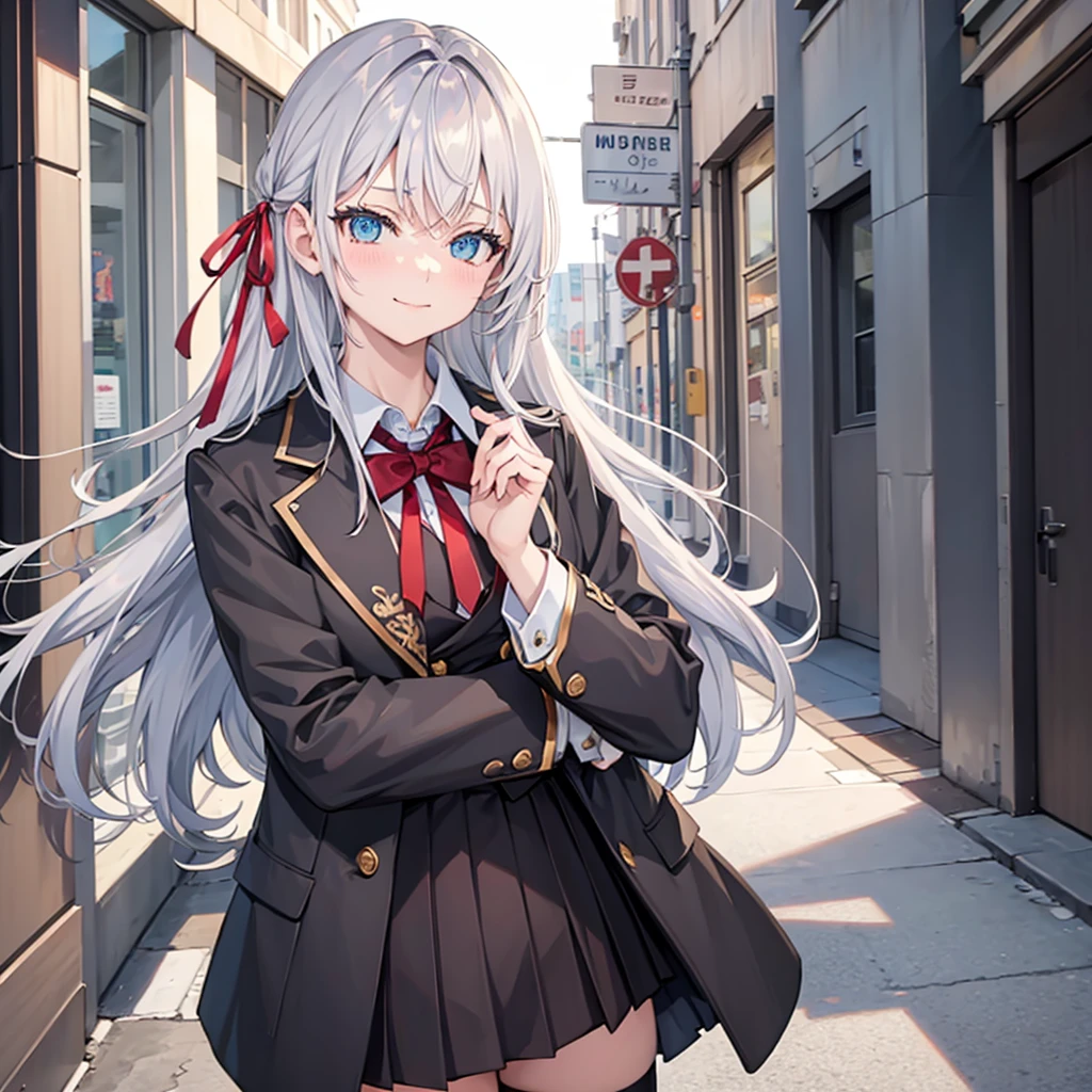 ((masterpiece)),(best quality),official art,extremely delicate and beautiful,extremely detailed CG,unity 8k wallpaper,ultra detailed,beautiful detailed eyes,extremely detailed face,outdoors,1girl,solo,upper body,(portrait:1.5),looking at viewer,facing viewer,smile,(petite:1.2),Alisa Mikhailovna Kujou,ahoge,long hair,grey hair,hair intakes,hair ribbon,red ribbon,sidelocks,hair between eyes,bangs,blue eyes,,grey jacket,cropped jacket,blazer,open jacket,open clothes,wing collar,red bowtie,collared shirt,white shirt,medium breasts,long sleeves,double-breasted,black dress,pleated dress,high-waist skirt,zettai ryouiki,white thighhighs,black footwear,loafers,