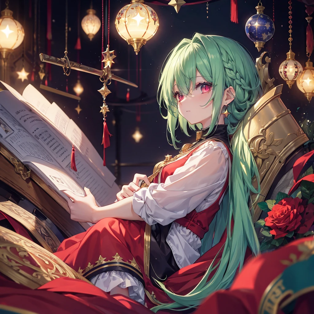 high resolution, shorth hair, Eyes red, aretes, sheen, stele, pretty, hair green, star accessories, sleepy eyes.