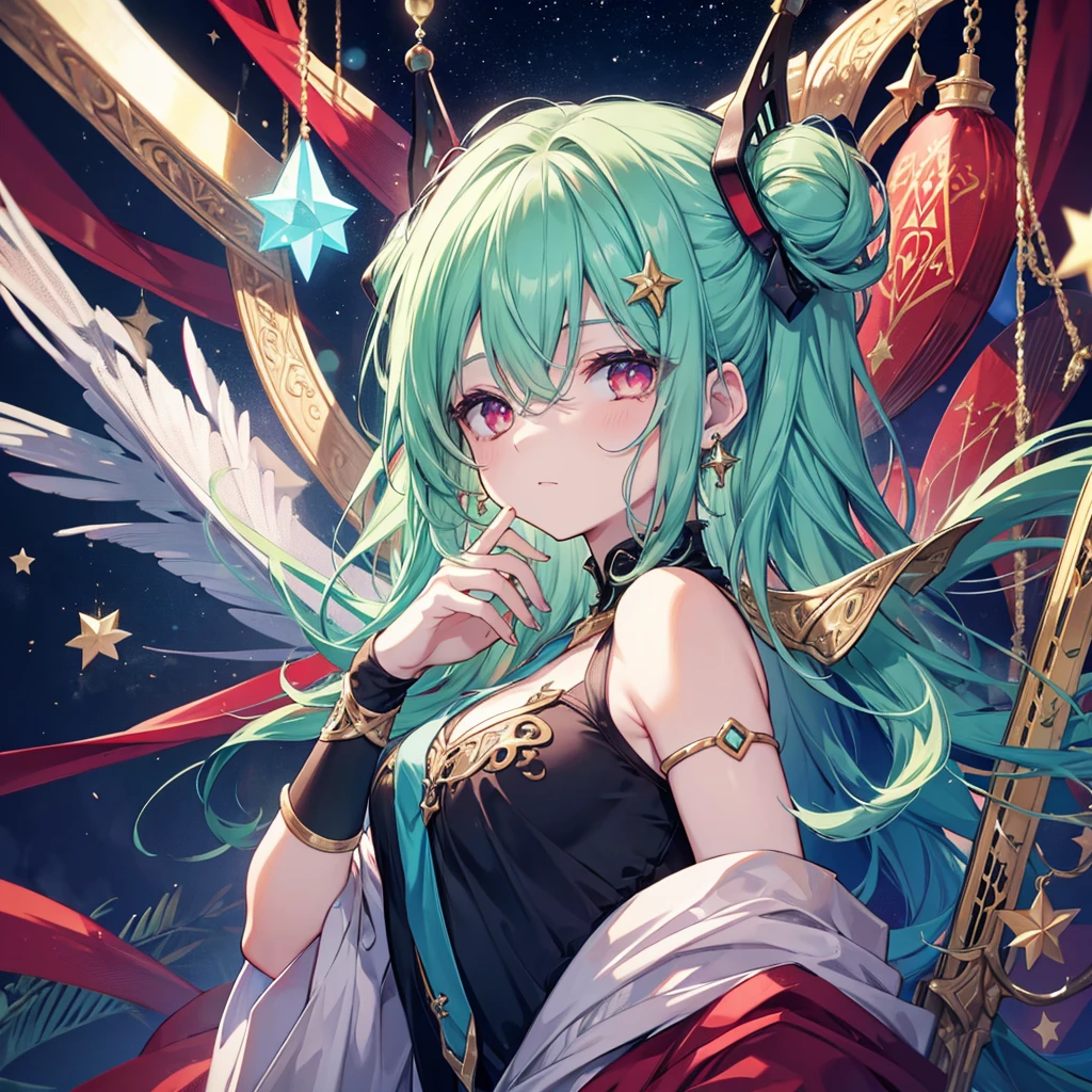 high resolution, shorth hair, Eyes red, aretes, sheen, stele, pretty, hair green, star accessories, sleepy eyes.