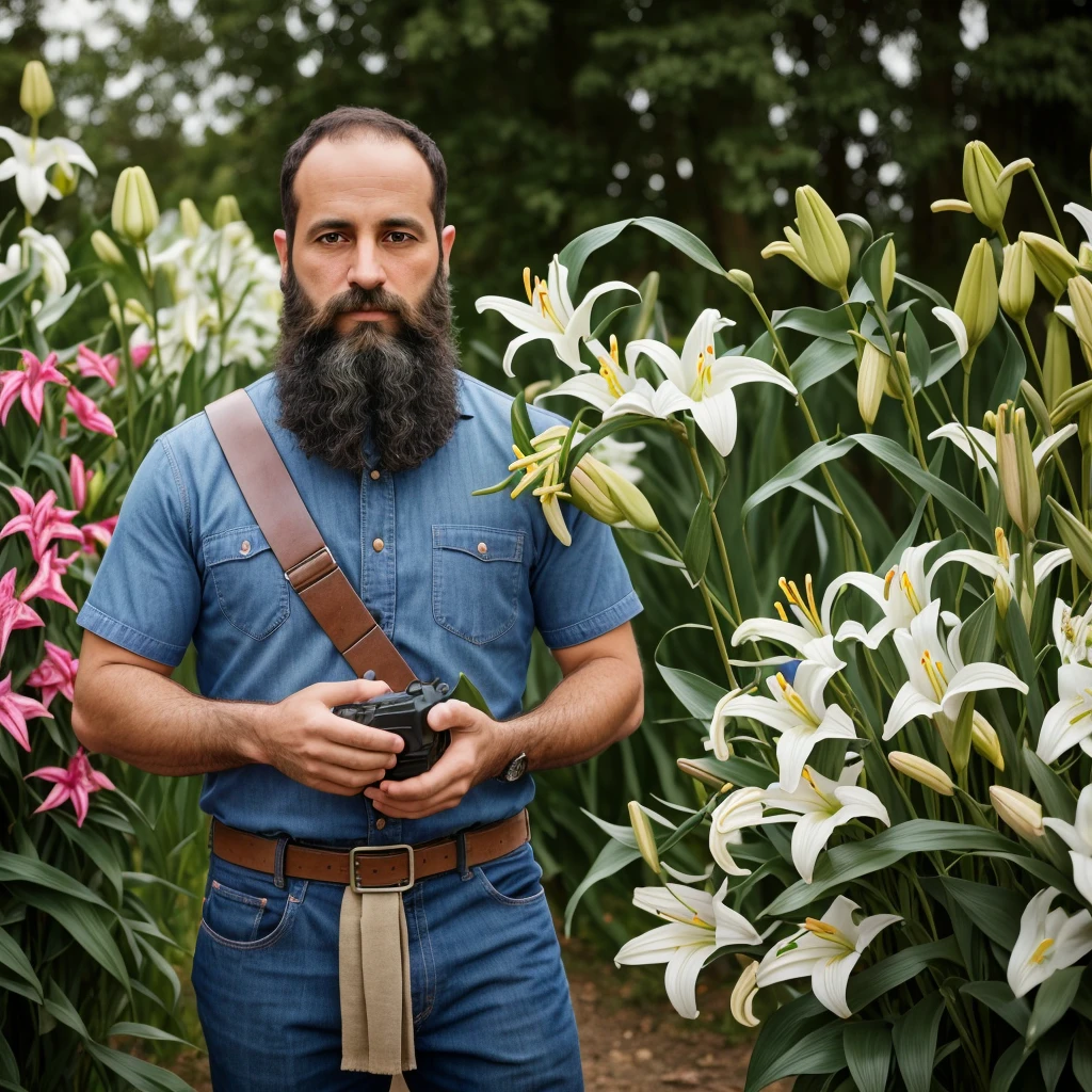 Male, 38 years old, Jewish, straight, short hair, brown hair, curly hair, full beard, purity, carpenter profession, carpenter clothing, focus, face and hands, scenery of various flowers, lilies, hands holding bunch of lilies, 8k, brute, St. Joseph