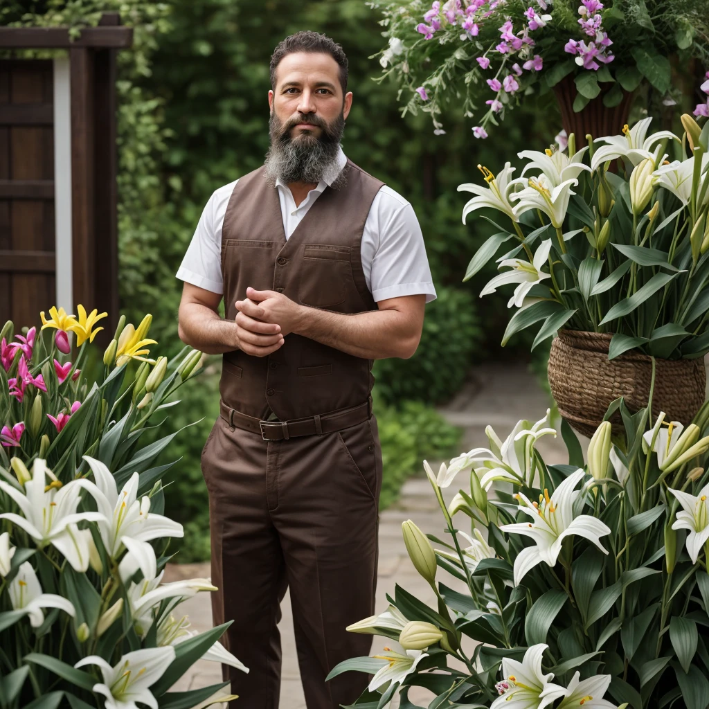 Male, 38 years old, Jewish, straight, short hair, brown hair, curly hair, full beard, purity, carpenter profession, carpenter clothing, focus, face and hands, scenery of various flowers, lilies, hands holding bunch of lilies, 8k, brute, St. Joseph
