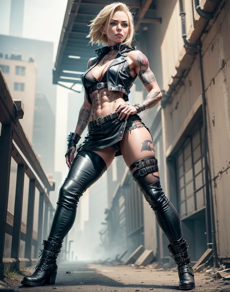 full body shot, super muscular physique and small breasts.,wears an open black leather vest..,short skirt and heavy boots, She has a punk rock look and blonde hair.. . Tattoos all over her body highlight her experienced nature....., Hyper-realistic close-up photo of Scarlet Chase,Blue eyes, masterpiece, Best quality, (photorealistic:1.4), Create dystopian masterpieces.post-apocalyptic peace. Pay attention to fine details, Sharp Focus.