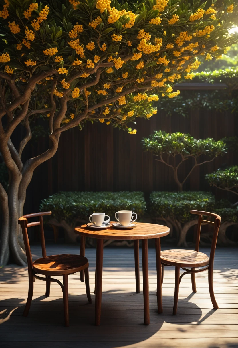 {{masterpiece, best quality, Extremely detailed CG, unified 8k wallpaper, movie lighting}}, Under the sweet-scented osmanthus tree.Wooden leisure tables and chairs.Two cups of coffee.Afternoon light and shadow.leisurely leisure time