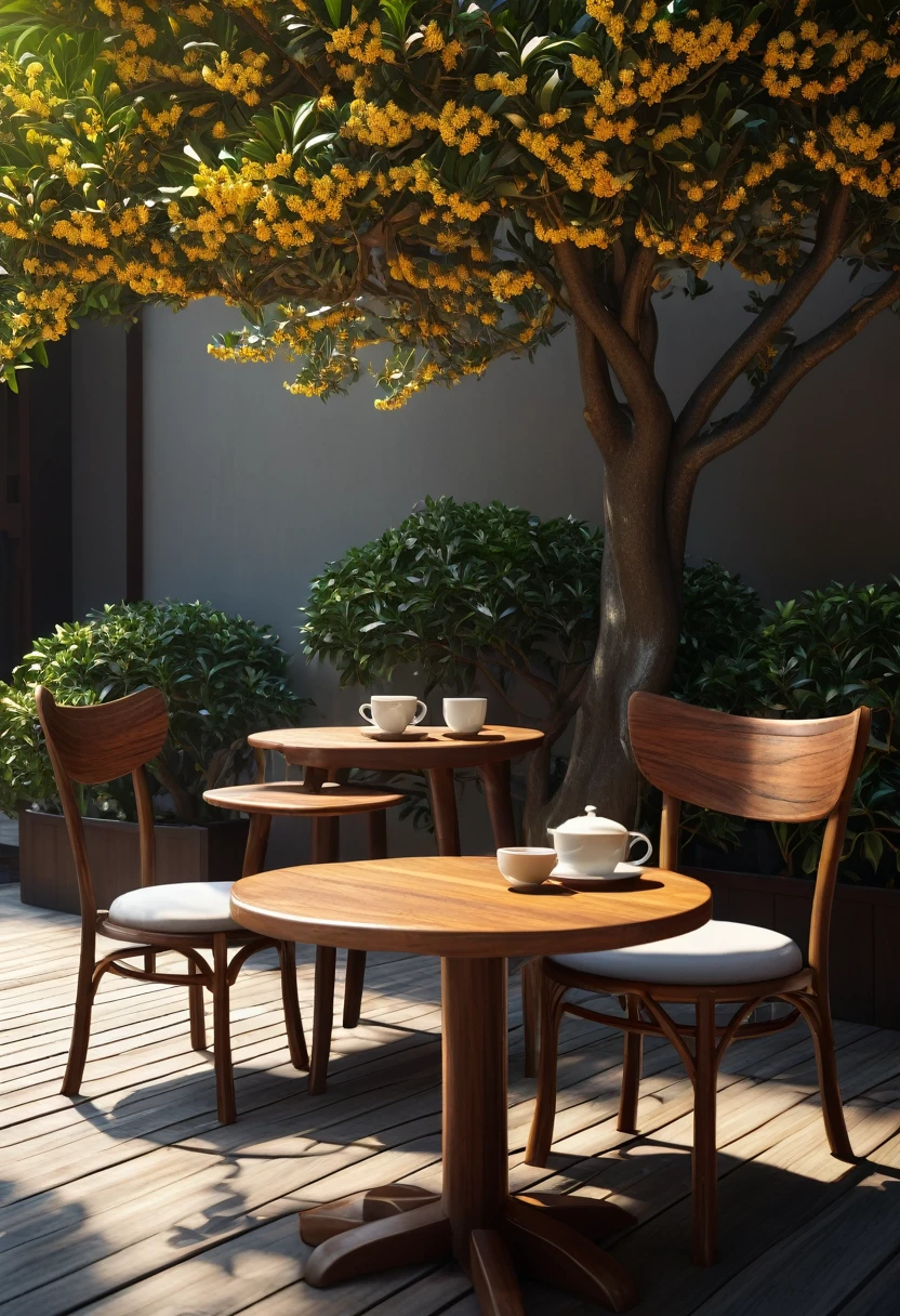 {{masterpiece, best quality, Extremely detailed CG, unified 8k wallpaper, movie lighting}}, Under the sweet-scented osmanthus tree.Wooden leisure tables and chairs.Two cups of coffee.Afternoon light and shadow.leisurely leisure time