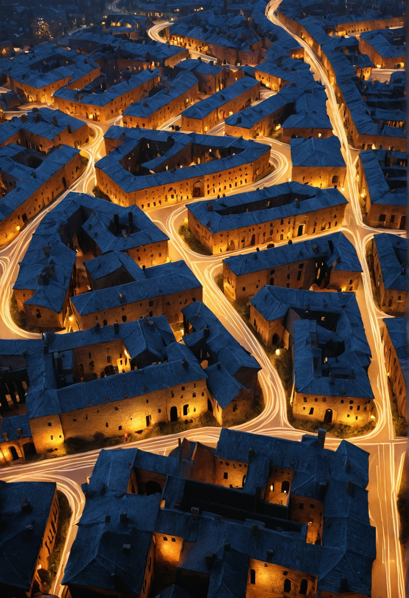 Create a labyrinthine city with high walls that transform the winding streets that intertwine in an intricate architectural pattern into a labyrinth of sectors, each with distinct characteristics and isolated from the others by iron walls or natural earthen barriers, medieval dystopian setting, sky night, fog, gloomy, zoom streets, people, dirty medieval clothes, Dramatic, view of the maze-like streets from above 
 (Artwork), (extremely complex:1.3), (realistic), detailed, sharp focus, Dramatic, award-winning, cinematic lighting, unreal rendered octane engine, volumetric dtx, night,
 low contrast, soft cinematic light, dark colors, Exposure Blending, HDR,