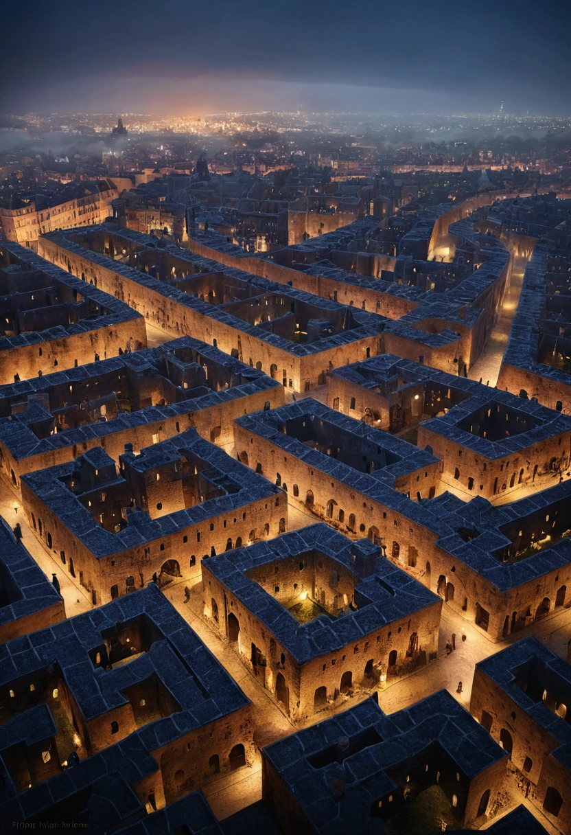 Create a labyrinthine city with high walls that transform the winding streets that intertwine in an intricate architectural pattern into a labyrinth of sectors, each with distinct characteristics and isolated from the others by iron walls or natural earthen barriers, medieval dystopian setting, sky night, fog, gloomy, zoom streets, people, dirty medieval clothes, Dramatic, view of the maze-like streets from above 
 (Artwork), (extremely complex:1.3), (realistic), detailed, sharp focus, Dramatic, award-winning, cinematic lighting, unreal rendered octane engine, volumetric dtx, night,
 low contrast, soft cinematic light, dark colors, Exposure Blending, HDR,