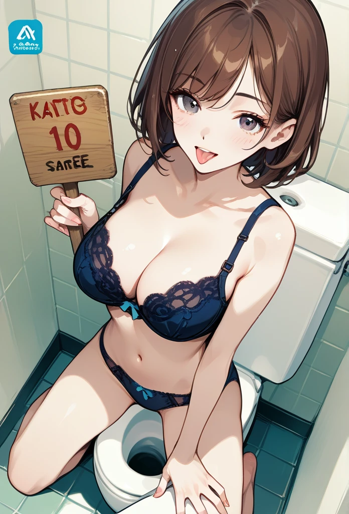 masterpiece, best quality, mature woman, Fukada Eimi, Eimi Fukada, brunette hair, sharp eyes, curvy body, bathroom, kneeling, bra, panties, besides urinal, above view, front view, tongue out, (holding sign, toilet sign, male toilet), hand on thigh