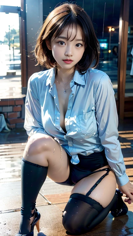 (((Unbuttoned shirt:1.65)))、(((Knee-high:1.35)))、(((Panties:1.35)))、(((High heels:1.35)))、UHigh resolution, retina, masterpiece, Accurate, Anatomically correct, Textured skin, Super Detail, Attention to detail, high quality, Awards, 最high quality, High resolution, 1080P, High resolution, 4K, 8k, 16K、Soccer court、soccer ball、Soccer Shoes、Soccer uniforms、Very cute girls,Sweaty、(Nipples visible in the rain:1.25)、(heavy rain:1.2)、thunder、