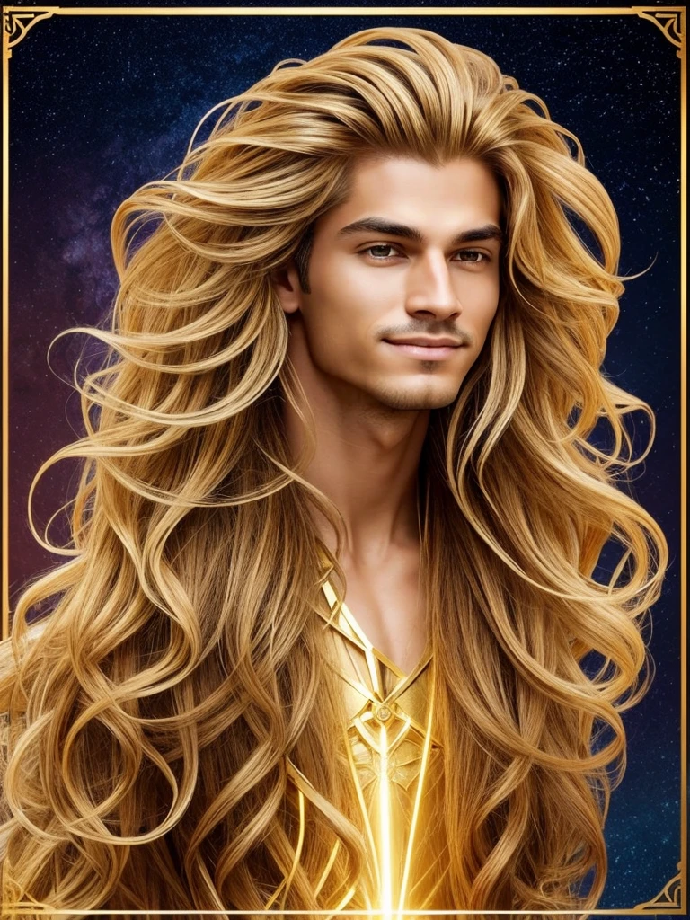 Create a man with unique characteristics, inspired by the sign of Leo and the cosmological stars An artistic representation of the essence of this sign, with striking features and a mysterious aura, leave in evidence golden traces of gold and golden lights, yellowish hair like gold and a confident smile Make clear the pride of the sign of Leo in its essence with a long curly and voluminous hair as a representation of the mane