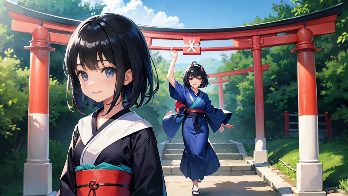 16-year-old girl、Short black hair down to the shoulders、Blue kimono、A cheerful smile、Daytime forest、Large Torii Gate