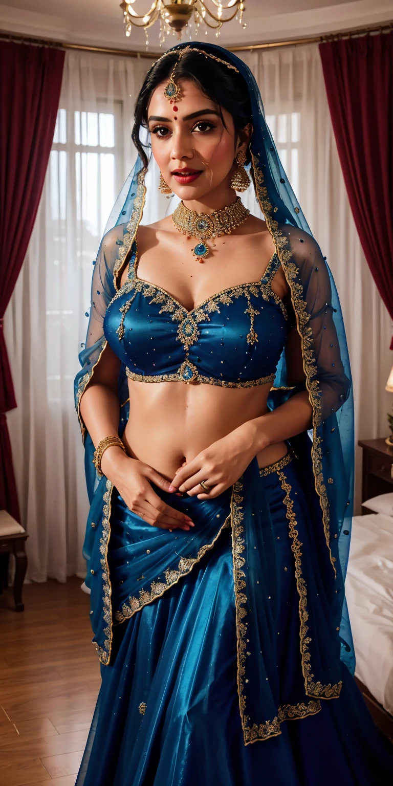 a close up of a woman in a blue dress standing in front of a chandelier, intricate sparkling atmosphere, movie screen shot, beautiful lighting effects, still shot from movie, stunning cinematography, shot from movie, beaded curtains, movie filmstill, still from a terence malik film, cinematic shot!, beautiful cinematography, visually stunning scene, glowing drapes, movie screenshot, lehenga with choli,blue transparent dupatta(chunni )on head, large breasts, Big , sexy figure, sexy stomach showing, in Firstnight of marriage bedroom,too much cum on her face, cum facial, cum shot on face,