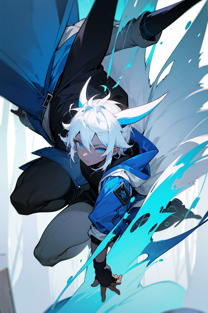 1male, black and blue skin color, white hair ,small horns, with a tail, Jump jacket, Forest background