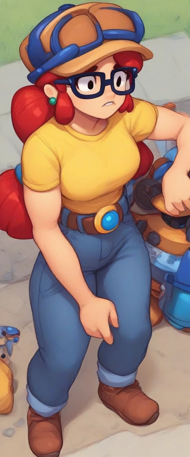 score_9, score_8_above, score_7_above, BREAK, ,bsjessie , 1 girl , Red hair , has , glasses in hats, yellow shirt ,Brown jeans , belt ,Collections , female ,posmach confused,