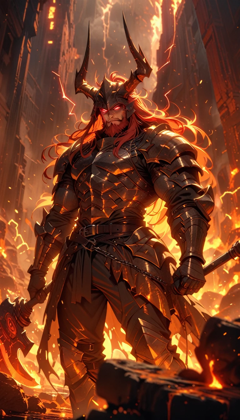 ((best quality)) , ((masterpiece)) , (detailed),axe, 1boy, male focus, horns, glowing eyes, holding, beard, glowing, solo, weapon, holding axe, facial hair, muscular, fire, holding weapon, chain, looking at viewer, long hair, lightning, muscular male, red hair, horned helmet, armor, helmet, belt, fake horns, molten rock, feet out of frame, standing, battle axe, electricity,(((rabbit)))
