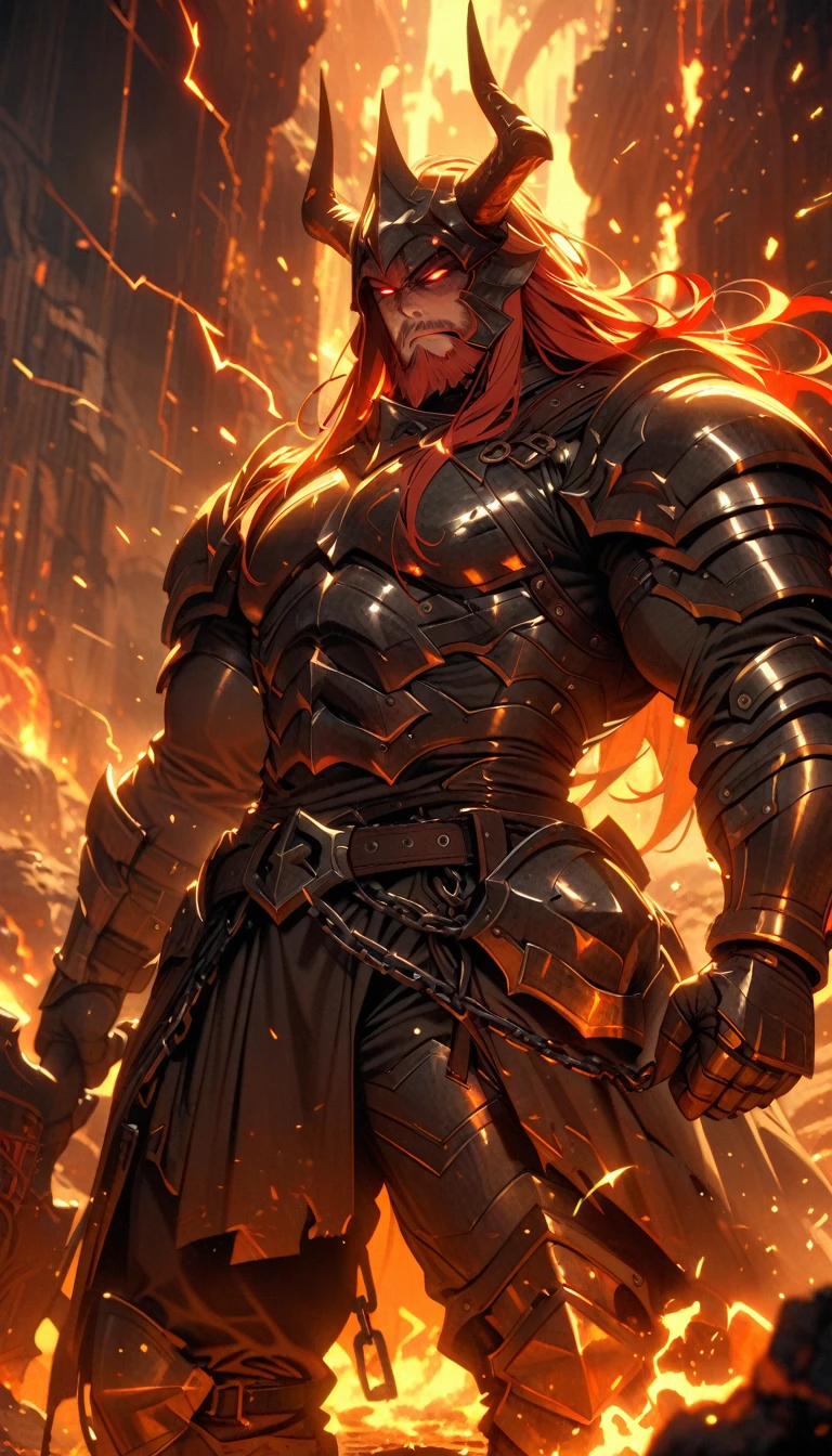 ((best quality)) , ((masterpiece)) , (detailed),axe, 1boy, male focus, horns, glowing eyes, holding, beard, glowing, solo, weapon, holding axe, facial hair, muscular, fire, holding weapon, chain, looking at viewer, long hair, lightning, muscular male, red hair, horned helmet, armor, helmet, belt, fake horns, molten rock, feet out of frame, standing, battle axe, electricity,(((rabbit)))