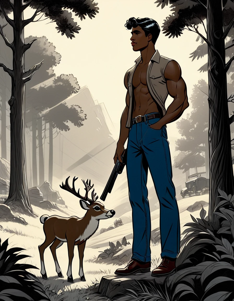 a man aiming an shotgun at a deer with his equipment and in a wooded environment evocking homoerotism and male body beauthy (( fullbody)), In leng jun and norman rockwell art style, hd, 8k resolution, FULLBODY, 16k resolution, hd, fullbody, ((view from ABOVE)) A young man, latino, cinnmon skin, thin face, straight nose, thin lips, square chin, large black eyes, short black, wavy hair, in roberto ferri style, aesthetic slim athletic body, very tall, latino, realistic skin, gorgeous, realistic detailed tonned muscles, barefoot, perfect anatomy, muscled fitness body, 195cm tall, realistic skin, skinny realistic detailed muscles, he is shiertless, barefoot, wearing jeans ((side view, storbe lighting, Leading Lines composition )) background TEXAS, pastoral scene (masterpiece, top quality, best quality, official art, beautiful and aesthetic:1.2), (1naked man:1.4), portrait, extreme detailed, highest detailed, simple background, 16k, high resolution, perfect dynamic composition, bokeh, (sharp focus:1.2), super wide angle, high angle, high color contrast, medium shot, depth of field, blurry background,potma Still,DonMn1ghtm4reXL,ink ,style, UHD, 8K, intricate, highly detailed, perfect volumetric light, epic light, urban art masterpiece, charcoal drawing, intense colors, vibrant colors, prefect detailed feet, chromatic aberration, vintage style, abstract, ((full body)), vintage_p_style, sensual, mysterious, powerful aura,vintage_p_style,GLOWIN
