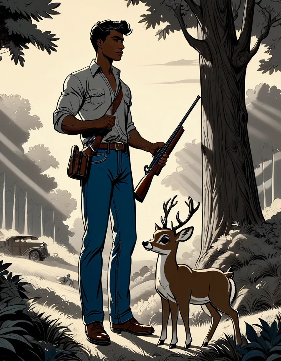 a man aiming an shotgun at a deer with his equipment and in a wooded environment evocking homoerotism and male body beauthy (( fullbody)), In leng jun and norman rockwell art style, hd, 8k resolution, FULLBODY, 16k resolution, hd, fullbody, ((view from ABOVE)) A young man, latino, cinnmon skin, thin face, straight nose, thin lips, square chin, large black eyes, short black, wavy hair, in roberto ferri style, aesthetic slim athletic body, very tall, latino, realistic skin, gorgeous, realistic detailed tonned muscles, barefoot, perfect anatomy, muscled fitness body, 195cm tall, realistic skin, skinny realistic detailed muscles, he is shiertless, barefoot, wearing jeans ((side view, storbe lighting, Leading Lines composition )) background TEXAS, pastoral scene (masterpiece, top quality, best quality, official art, beautiful and aesthetic:1.2), (1naked man:1.4), portrait, extreme detailed, highest detailed, simple background, 16k, high resolution, perfect dynamic composition, bokeh, (sharp focus:1.2), super wide angle, high angle, high color contrast, medium shot, depth of field, blurry background,potma Still,DonMn1ghtm4reXL,ink ,style, UHD, 8K, intricate, highly detailed, perfect volumetric light, epic light, urban art masterpiece, charcoal drawing, intense colors, vibrant colors, prefect detailed feet, chromatic aberration, vintage style, abstract, ((full body)), vintage_p_style, sensual, mysterious, powerful aura,vintage_p_style,GLOWIN