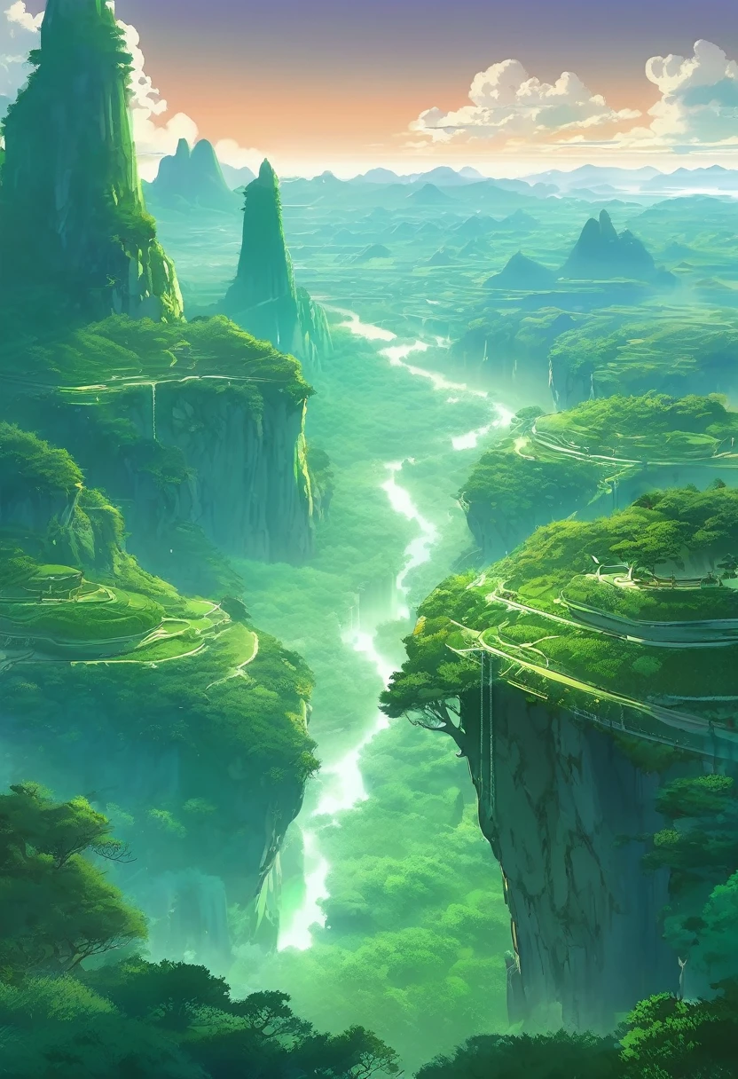 Nomadic Plains, The natural beauty of the Verdescent mythical Karst plains, Jade Pine Cantonese Mythical Landscape, Jade color scheme only, Jade colors only, Jade, Made in Abyss, Stormlight Archive, Studio Ghibli, Anime Key Visual, by Makoto Shinkai, Deep Color, Intricate, 8k resolution concept art, Natural Lighting, Beautiful Composition, Xianxia style