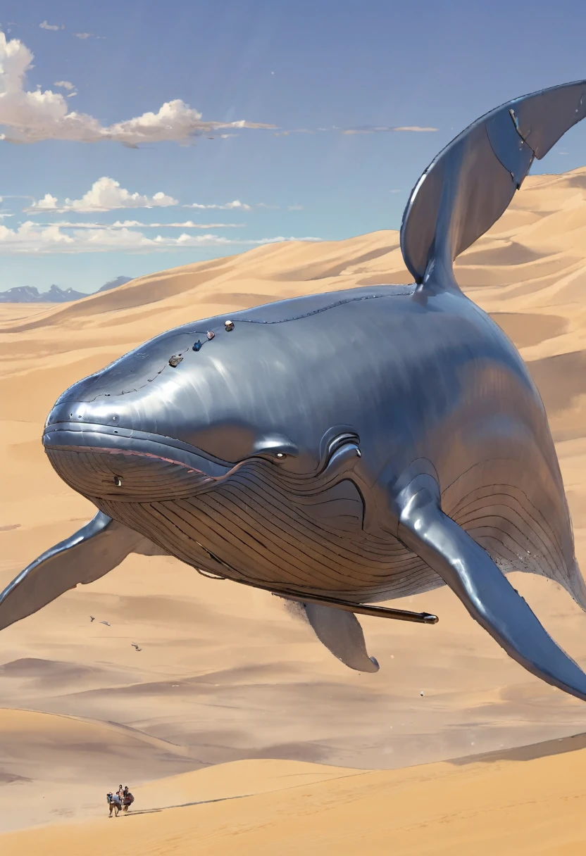 (masterpiece, best quality, vivid colors: 1.2) a huge flying whale soaring through the skies, The whale is equipped with metal parts on its body, color gris, disturbing appearance, anime screencap, side view, the background is a desert of sand dunes.
