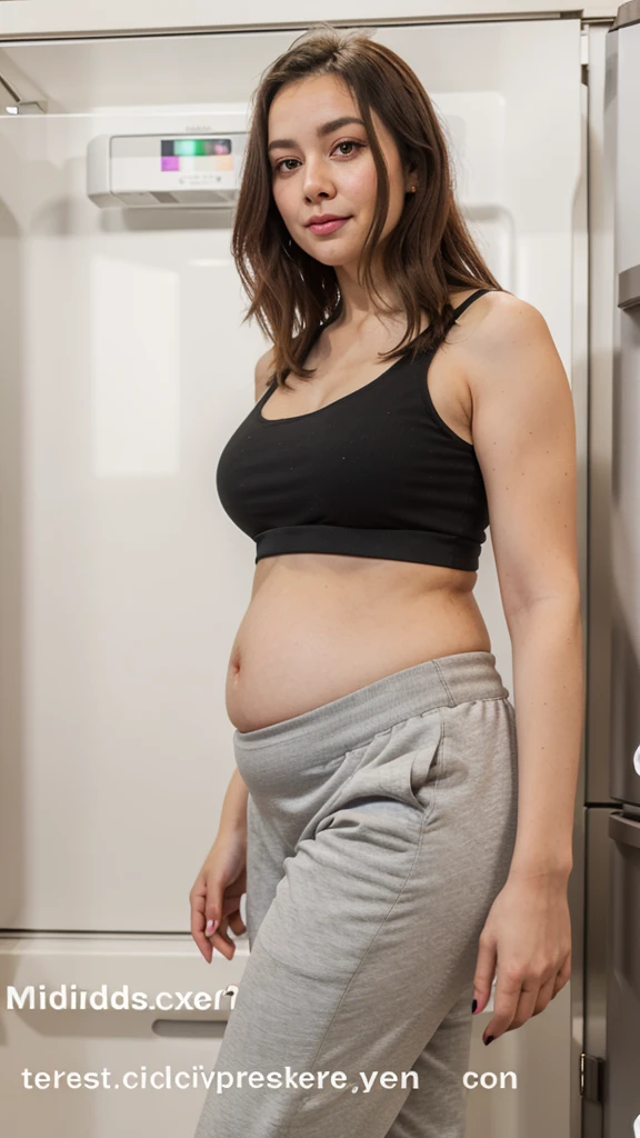 arafed woman in a black top and grey pants standing in front of a refrigerator, belly button showing, her belly is fat and round, belly exposed, her belly button is exposed, she has a jiggly fat round belly, physical : tinyest midriff ever, visible belly, tinyest midriff ever, thicc, pregnant belly