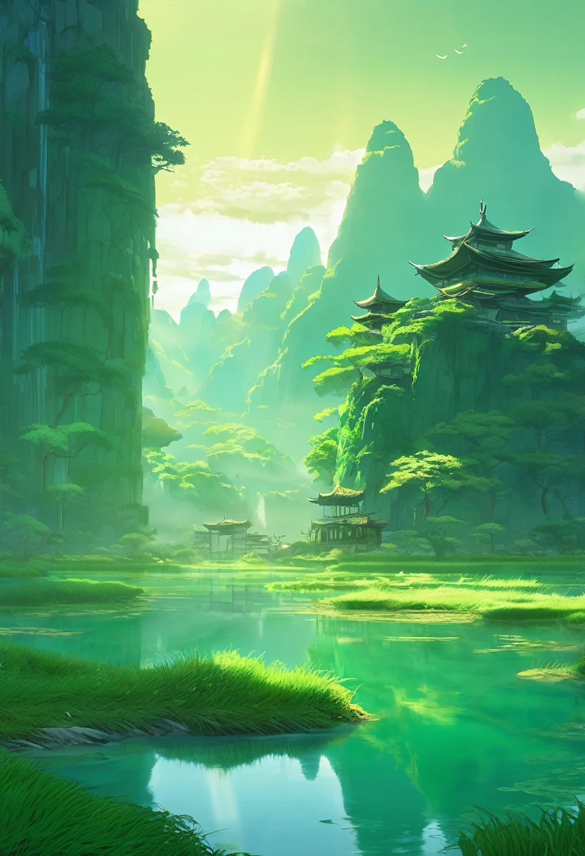 Nomadic Plains, The natural beauty of the Verdescent mythical Karst plains, Jade Pine Cantonese Mythical Landscape, Jade color scheme only, Jade colors only, Jade, Made in Abyss, Stormlight Archive, Studio Ghibli, Anime Key Visual, by Makoto Shinkai, Deep Color, Intricate, 8k resolution concept art, Natural Lighting, Beautiful Composition, Xianxia style