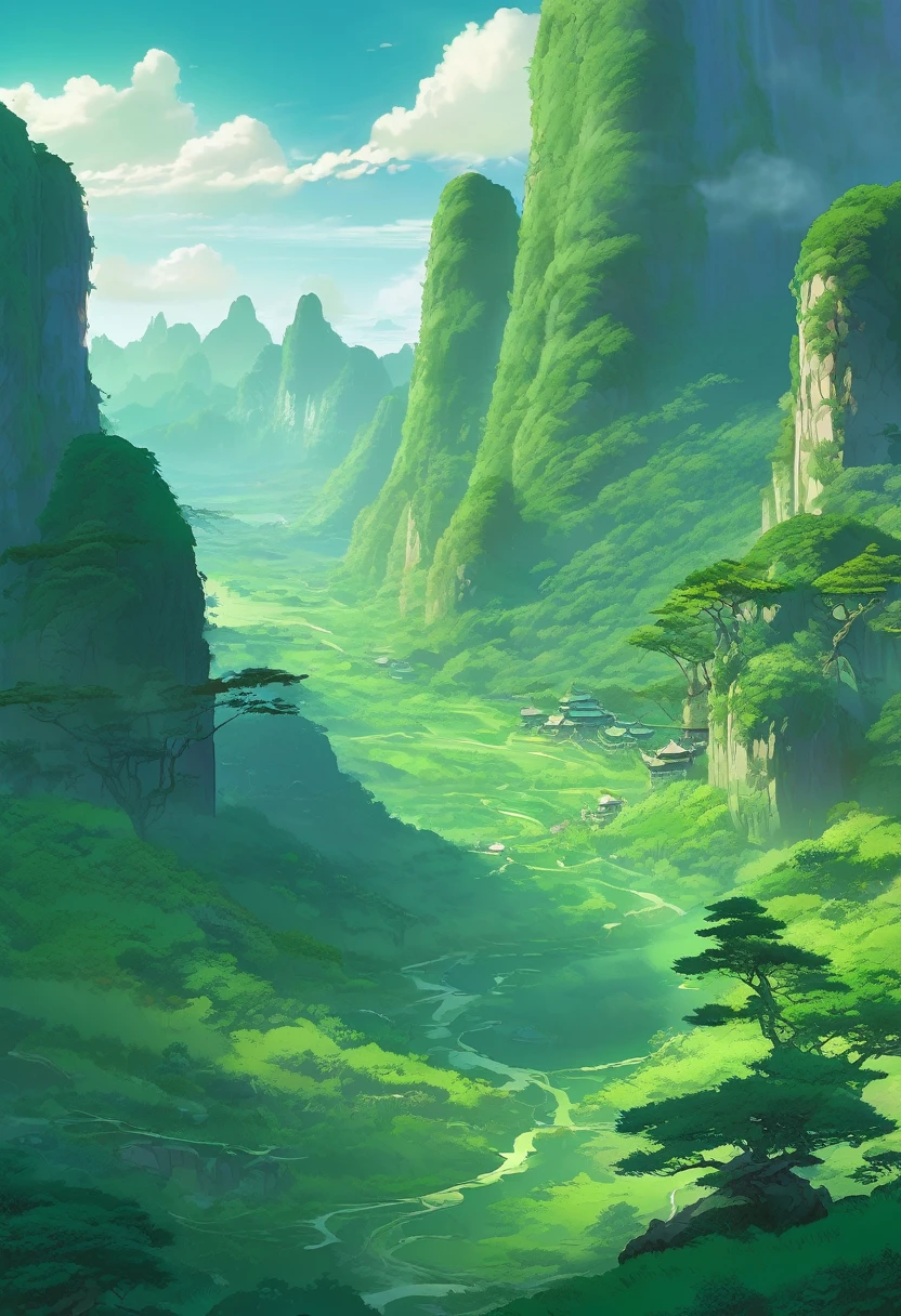 Nomadic Plains, The natural beauty of the Verdescent mythical Karst plains, Jade Pine Cantonese Mythical Landscape, Jade color scheme only, Jade colors only, Jade, Made in Abyss, Stormlight Archive, Studio Ghibli, Anime Key Visual, by Makoto Shinkai, Deep Color, Intricate, 8k resolution concept art, Natural Lighting, Beautiful Composition, Xianxia style