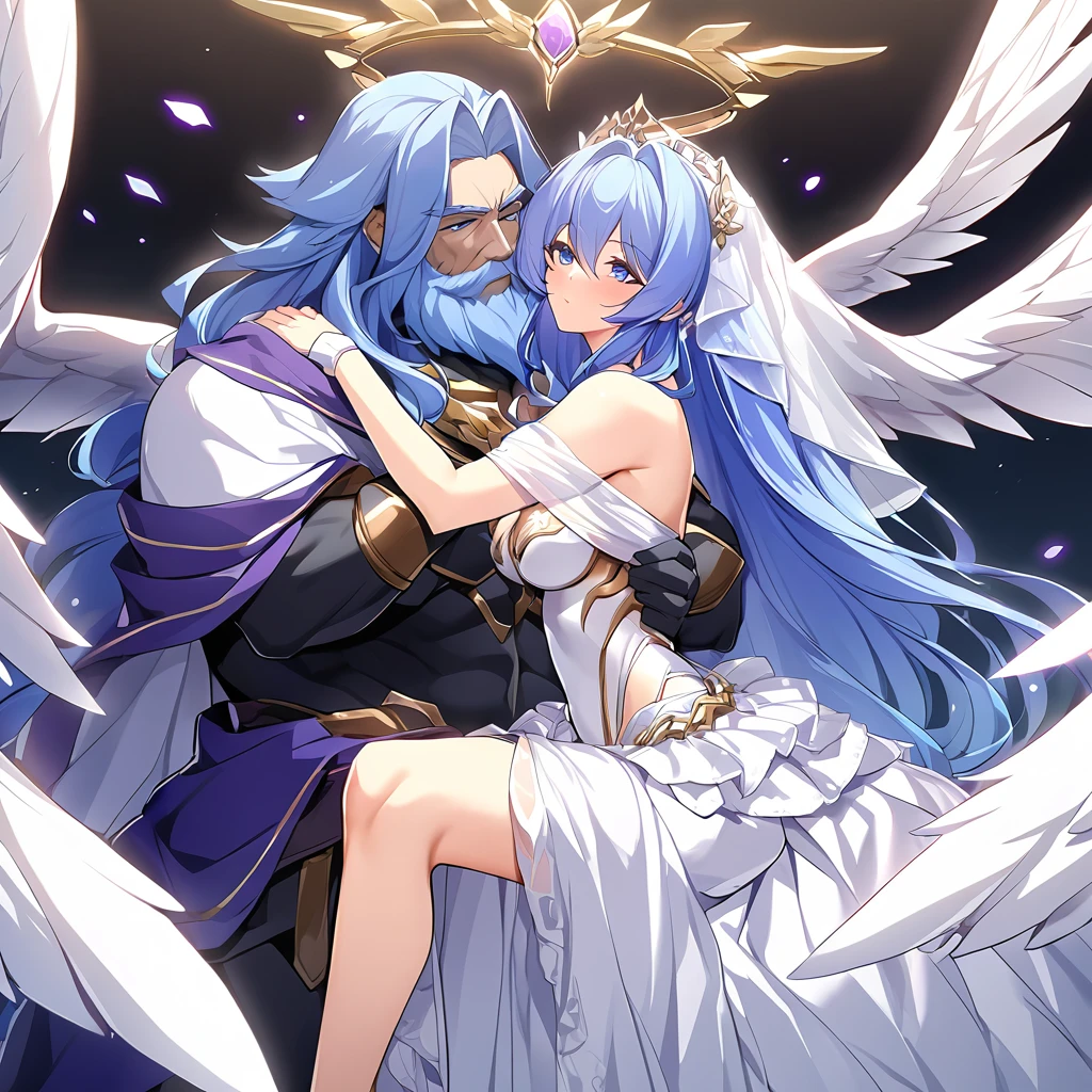 ((Highest quality)), ((masterpiece)), (detailed), (Perfect Face)、The woman embraces Zeus, the great, strong, bearded old man who is the chief god of Greek mythology, kisses him in oath, and gets married in heaven.、Women are messengers of God and great angels.6An archangel and god with wings and a shining halo above his head.々The wife of Zeus, the king of the gods, the goddess Extia、The woman is the beautiful Queen of the Gods, Goddess Extia, with medium-long blue hair. She is wearing a gorgeous white wedding dress with gold embroidery and trim, a white wedding veil, an engagement ring, and gorgeous accessories. She is an elegant goddess and a beautiful queen of the gods.