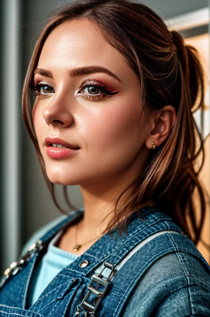 masterpiece, intricate and detailed raw 8k photo, volumetric lighting, best cinematographic quality, photo of a normal woman in overalls, portrait, make up, perfect nails, office background, extreme close up