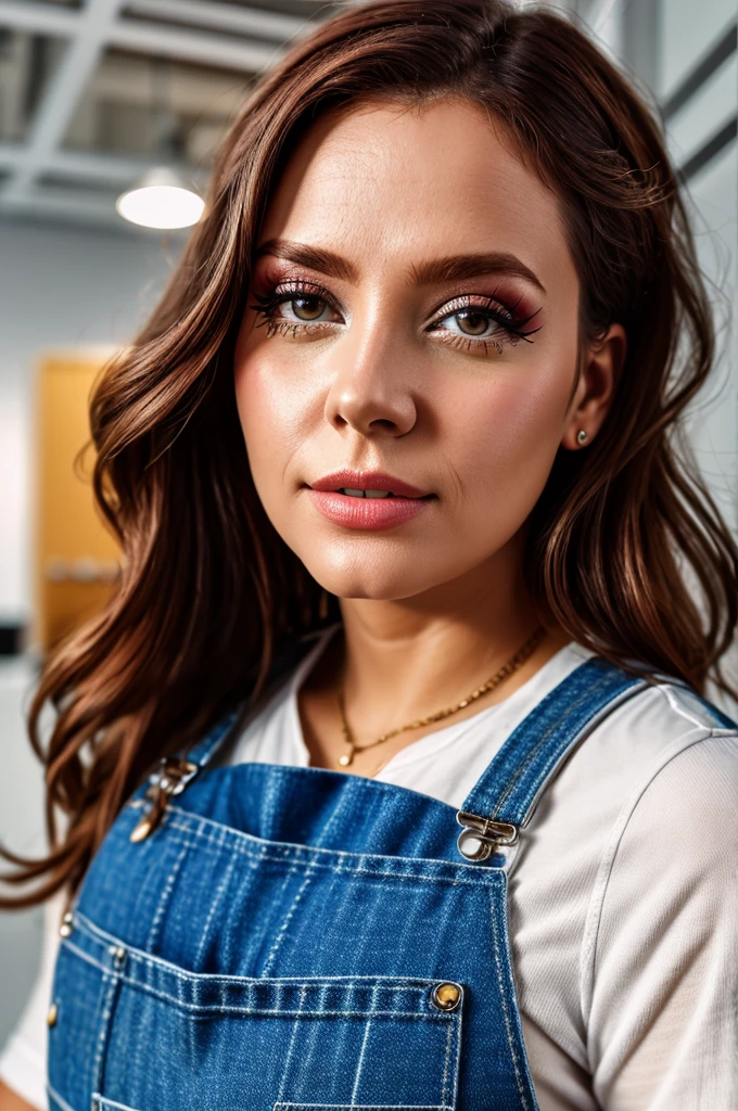 masterpiece, intricate and detailed raw 8k photo, volumetric lighting, best cinematographic quality, photo of a normal woman in overalls, portrait, make up, perfect nails, office background, extreme close up