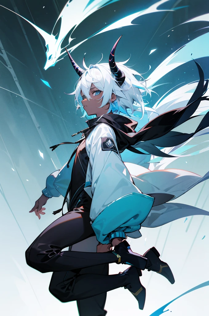 1male, black and blue skin color, white hair ,small horns, with a tail, Jump jacket, Forest background
