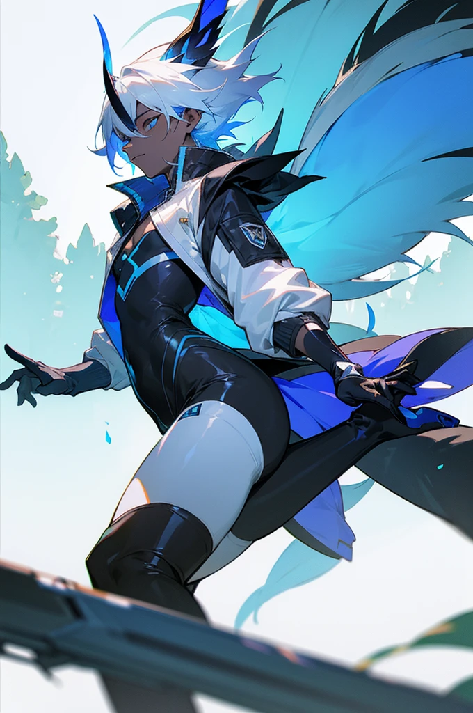 1male, black and blue skin color, white hair ,small horns, with a tail, Jump jacket, Forest background