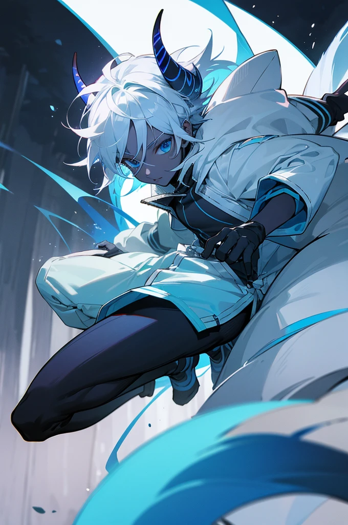 1male, black and blue skin color, white hair ,small horns, with a tail, Jump jacket, Forest background